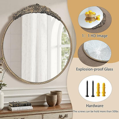 Growsun Round Wall Mirror with Vintage Black Floral Frame – 28 Inch Decorative Wall Mirror for Living Room, Bedroom, Entryway, Bathroom Vanity – Elegant Antique Accent Home Décor