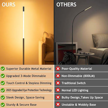 LED Dimmable Floor Lamp with Remote & Foot Switch, 2700–6000K Adjustable Color Temperature & Stepless Dimming, Slim Linear Tube Tall Standing Lamp, Modern Black Corner Lamp for Living Room Bedroom