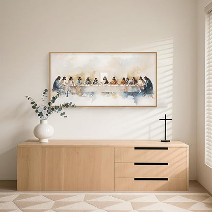 DRACIT Large Watercolor Jesus Last Supper Scene Framed Canvas Wall Art Set,Jesus and Twelve Apostles Wall Decor,Christmas Religious Bible Story Artwork for Living Room,Bedroom,Church-20 x40