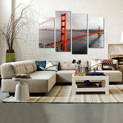KREATIVE ARTS Canvas Print Beautiful Golden Gate Bridge San Francisco California Black White Red Wall Art Home Decoration Picture Framed 4 panel Ready to Hang