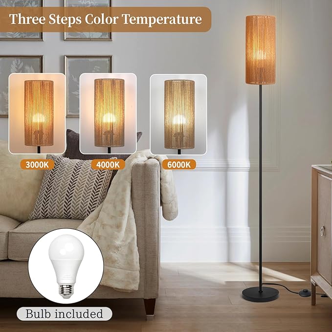 Ruiever Floor Lamp for Living Room,Farmhouse Floor lamp,Modern Standing lamp with Hand-Worked Rattan Shade (Straight Line Rattan Shade- 3 Color Bulb)