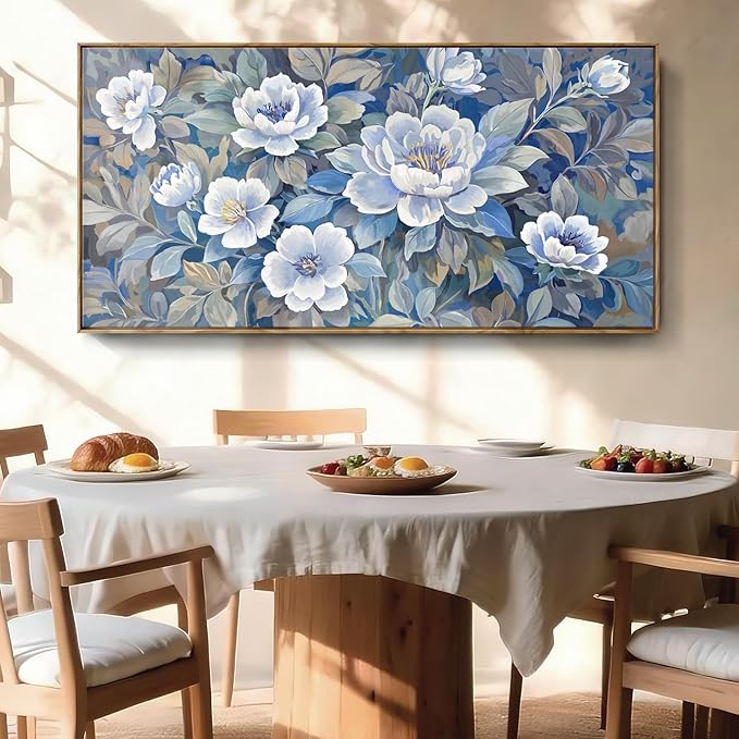 Large Framed Modern Blue Gray And White Wall Art For Living Room, Botanical Landscape Canvas Prints, Blooming Flower Pictures For Bedroom, Bathroom, Dining Room, Hallway 48X24