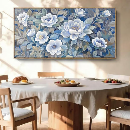 Large Framed Modern Blue Gray And White Wall Art For Living Room, Botanical Landscape Canvas Prints, Blooming Flower Pictures For Bedroom, Bathroom, Dining Room, Hallway 48X24
