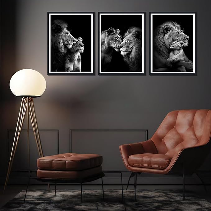 3 Pieces Wildlife Lion Family Framed Canvas Wall Art Black and White Animals Picture Wall Decor for Farmhouse African Animals Print Artwork for Office Nursery Decoration Easy to Hand 16x24inchx3pcs