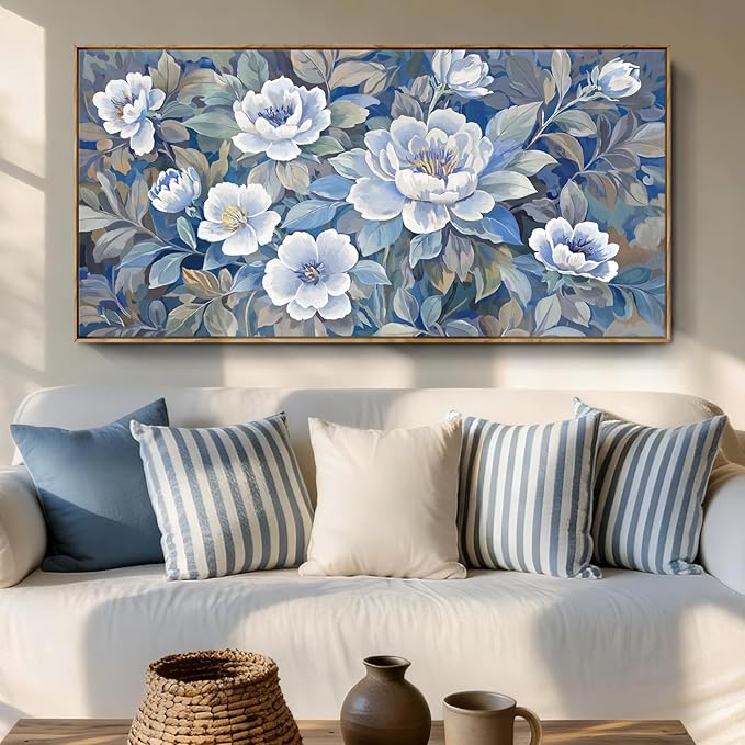 Large Framed Modern Blue Gray And White Wall Art For Living Room, Botanical Landscape Canvas Prints, Blooming Flower Pictures For Bedroom, Bathroom, Dining Room, Hallway 48X24