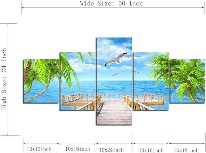 Landscape Seagulls Palm Scene Picture Modern Painting on Canvas 5 Panels Framed Wall Art for Living Room Bedroom Kitchen Home Decor Stretched Gallery Canvas Wrap Giclee Print (50’’W x 24’’H)
