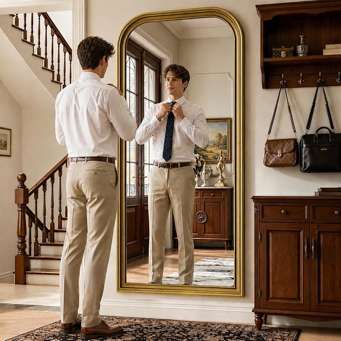 Full Length Mirror with Stand, 71"x32" Full Body Mirror, Floor Length Mirrors Wall Mounted with Rounded Top, Large Standing Mirrors, PU Frame, for Bedroom Living Room Cloakroom, Antique Gold