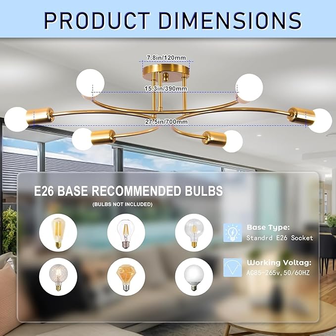 FRIXCHUR 6-Light Sputnik Chandelier, Gold Mid-Century Modern Semi Flush Mount Ceiling Light, Metal Fixture with E26 Sockets for Bedroom, Living Room, Kitchen (Bulbs Not Included)