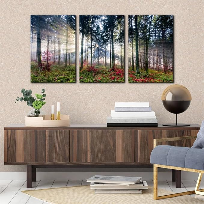 Pacimo 3 Pieces Canvas Wall Art Nature Landscape Sunrise Trees Pictures Painting Prints on Canvas Wall Decoration for Living Room Forest Framed Modern Artwork for Bedroom and Home Decor - 16"x24"x3