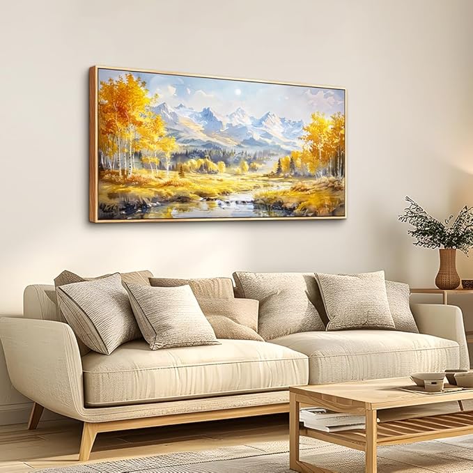 ZUITINGHUA Wood Framed Canvas Wall Art For Living Room Wall Decor For Bedroom Office Wall Decorations Yellow Tree Landscape Paintings Mountain Pictures Artwork Room Aesthetic Home Decor 20x40 In