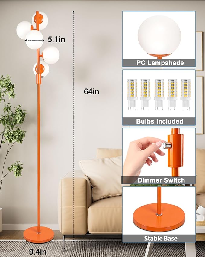 Lightdot 5-Globe Dimmable Globe Floor Lamp Orange Retro Standing Lamps with 5Pcs Bulbs Included Brightness Adjustable Mid Century Modern Floor Lamp with 5Lbs Heavy Base for Living Room/Sofa Beside