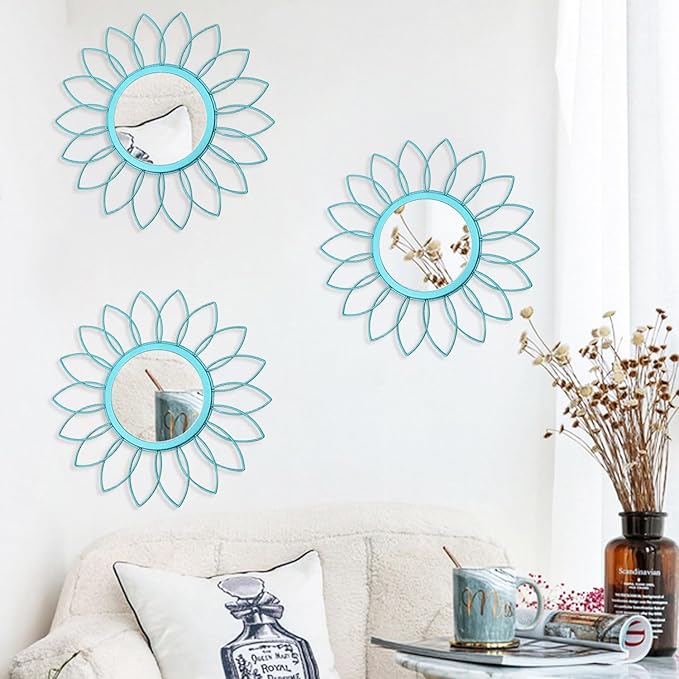 3 Pack Metal Mirrors for Wall Sunburst Wall Mirrors Home Décor Decorative Hanging Wall Art for Living Room Bedroom Entryway (Greenish Blue, Flowers)