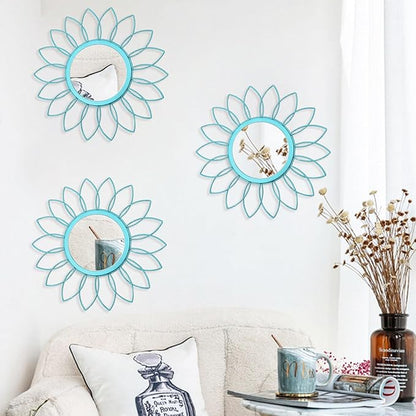 3 Pack Metal Mirrors for Wall Sunburst Wall Mirrors Home Décor Decorative Hanging Wall Art for Living Room Bedroom Entryway (Greenish Blue, Flowers)