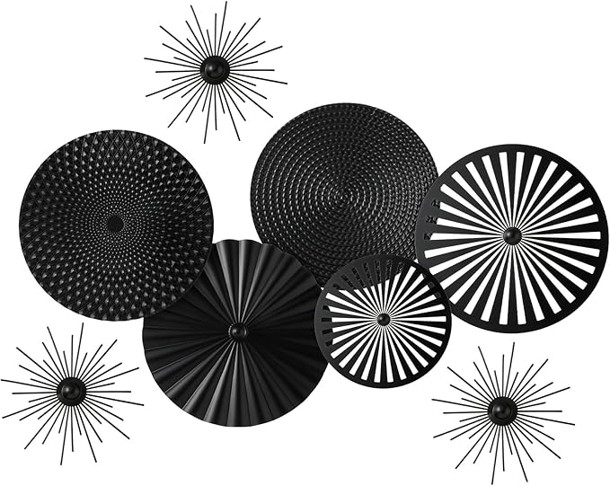 Lingvee 8 Pcs Gold Wall Decor Modern Metal Decor Metal Starbursts Radial Plate Art Hanging Decorative Wall Decorations for Home Bedroom Bathroom Living Room Office Sculpture (Black)