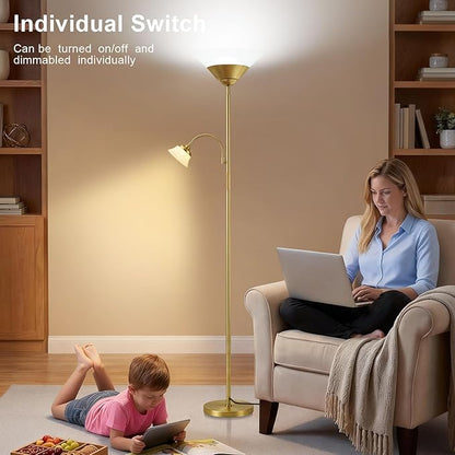 SIBRILLE 2-in-1 Torchiere Floor Lamp, 34W Super Bright LED Standing Lamp with Remote & Touch Control, 72" Dimmable Adjustable Corner Reading Lamp for Living Room, Bedroom, Office, Gold