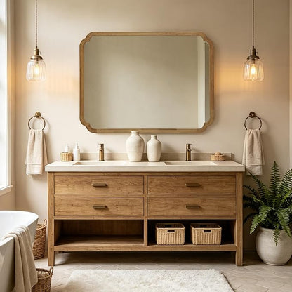 WallBeyond 30" x 48" Wood Bathroom Mirror for Wall Mounted, Rustic Rounded Corner Wood Frame Wall Mirror for Entryway, Living Room or Bedroom Home Decorative, Natural