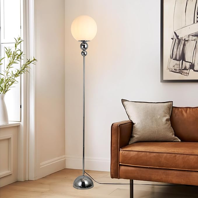 DEC LUCE DECOLUCE LIGHTING Modern Floor Lamps for Living Room, Globe Glass Shade Floor lamp for Bedroom, Standing lamp for Office, Corner(Chrome)