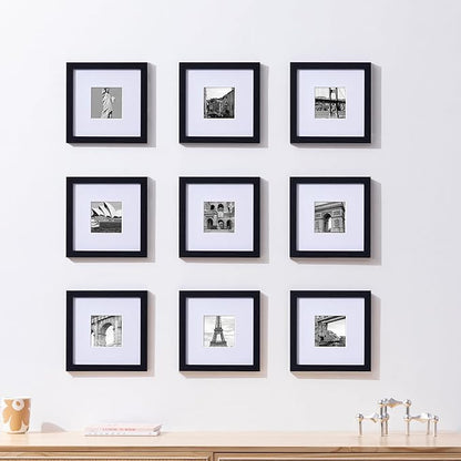 eletecpro 8x8 Picture Frames Set of 9 with Clear Acrylic Cover, Display 4x4 Photos with Mat or 8x8 Without, Classic and Sturdy Square Collage Gallery Wall Decor, Easy Wall Mount, Black