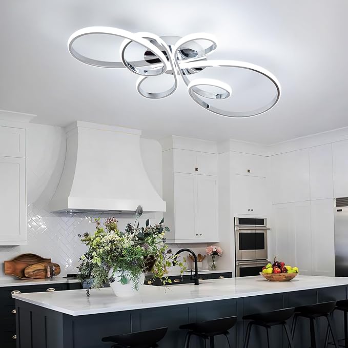 66W Modern LED Ceiling Light, 5 Rings Flower Flush Mount Light Fixture with Remote Control Chrome Dimmable Ceiling Lamp for Living Room, Bedroom, Dining Room, Hallway, Kitchen