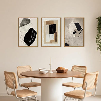 Abstract Modern Geometric Framed Canvas Wall Art Set,Neutral Tone Beige Black Brown Wall Decor,Minimalist Textured Line Shape Artwork for Living Room, Bedroom,Farmhouse-16 x24 x3