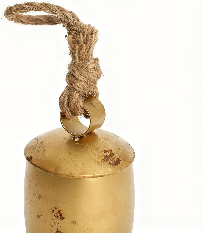 Handmade Vintage Gold Metal Cow Bell Ornament, 5 Inch Rustic Farmhouse Hanging Bell with Jute Rope, Distressed Antique Bell for Door Handles, Wreaths, Wall Hooks, Mantels & Porch Décor
