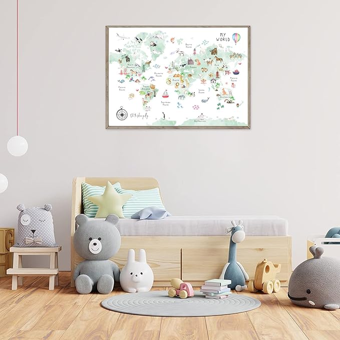Green Kids World Map Wall Art Animal Map Canvas Wall Art Nursery Wall Decor World Map Poster Childrens Room Decor Playroom Prints Educational Artwork 16x24 Inch Unframed