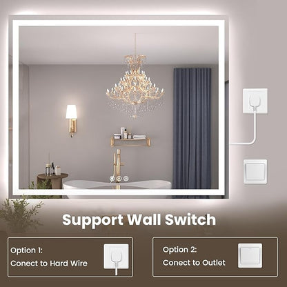 Snowdool 55"X30" LED Bathroom Mirror with Front Lights and Backlit, Anti-Fog, Dimmable, Shatter-Proof Tempered Glass, Lighted Bathroom Vanity Mirror for Wall with 3 Colors, Memory Function