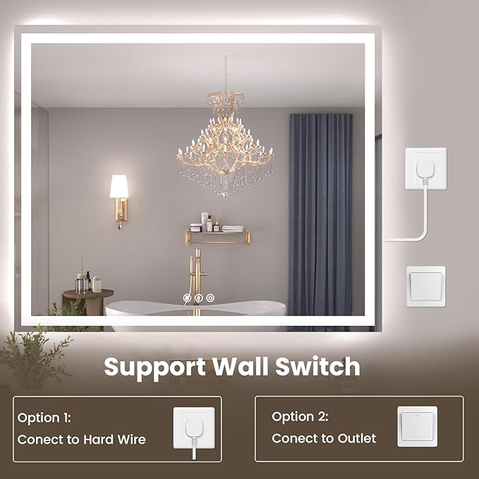 Snowdool 55"X36" LED Bathroom Mirror with Front Lights and Backlit, Anti-Fog, Dimmable, Shatter-Proof Tempered Glass, Lighted Bathroom Vanity Mirror for Wall with 3 Colors, Memory Function