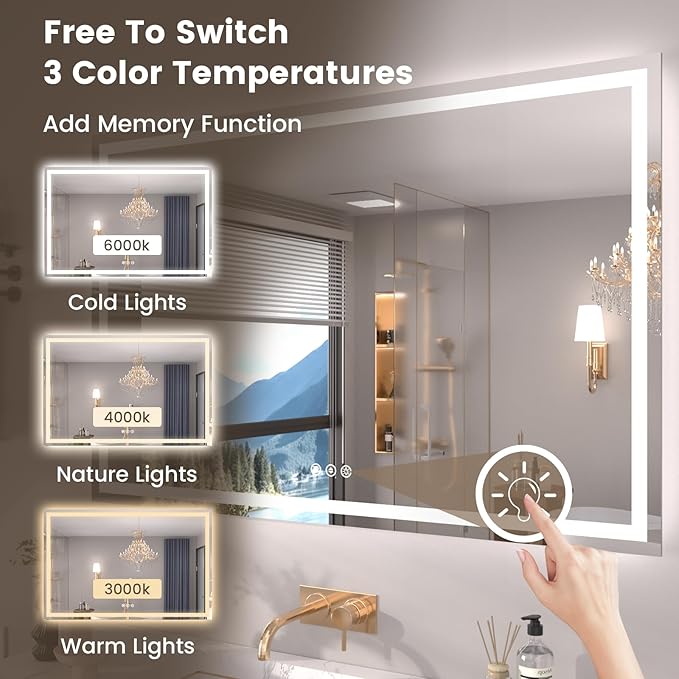 Snowdool 48"X40" LED Bathroom Mirror with Front Lights and Backlit, Anti-Fog, Dimmable, Shatter-Proof Tempered Glass, Lighted Bathroom Vanity Mirror for Wall with 3 Colors, Memory Function