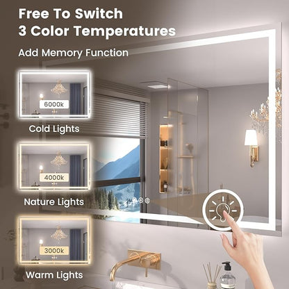 Snowdool 55"X30" LED Bathroom Mirror with Front Lights and Backlit, Anti-Fog, Dimmable, Shatter-Proof Tempered Glass, Lighted Bathroom Vanity Mirror for Wall with 3 Colors, Memory Function