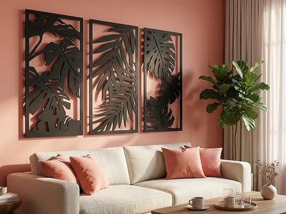 Vailla Wood Wall Art Decor Tropical leaves Wall Hanging Sculpture Modern Home Decoration 3 Wall Hangings Large Wooden Wall Arr 3D Textured Sculptures for Living Room Bedroom Office Dinnig Room