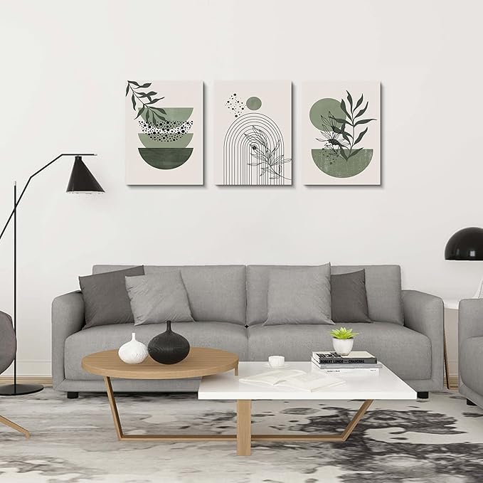 Sage Green Wall Posters & Prints, Green Boho Wall Art Set of 3, Minimalist Framed Wall Art Geometric Line Leaf Sun Moon Beige Green Canvas Artwork Paintings