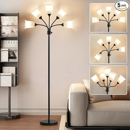 GyroVu Medusa LED Floor Lamp, Multi Head Modern Tall Lamp with Adjustable Gooseneck Standing Lamps for Living Room Bedroom Kids Room Office 5 White Lampshades Bulb Not Included(Black)