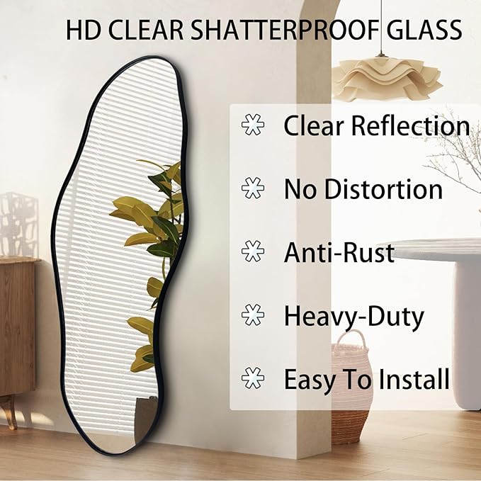 Irregular Mirror Full Length, 63"x22.5" Large Asymmetrical Mirror with Black Metal Frame, Abstract Wall Mirrors for Living Room Bedroom Hallway Entryway, Hangs Vertically or Horizontally
