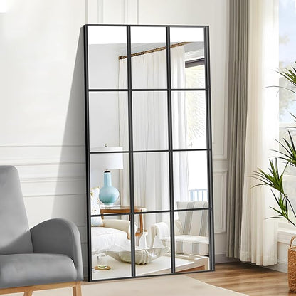 Rectangle Mirror, Wall Mounted, 30"x60" Window Pane Mirror Wall Decor Metal Framed, Large Black Mirror for Bedroom Living Room Fireplace Entryway Hanging or Leaning Against Wall