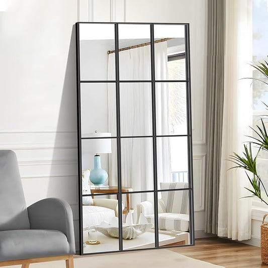 Rectangle Mirror, Wall Mounted, 30"x60" Window Pane Mirror Wall Decor Metal Framed, Large Black Mirror for Bedroom Living Room Fireplace Entryway Hanging or Leaning Against Wall