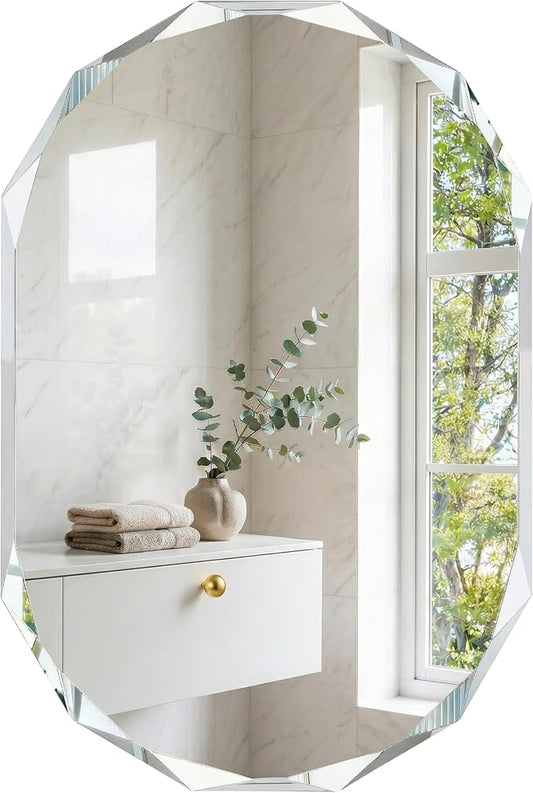 Frameless Oval Bathroom Mirror 36x24 Inch with Beveled Edge, Modern Vanity Wall Mirror