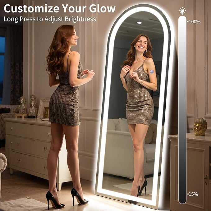 Arch Full Length Standing Mirror with LED Lights, 68"x26" Lighted Mirror with Dimming & 3 Color Lighting, Tall Mirror Full Body for Bedroom, Dressing Room