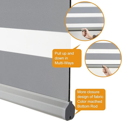 Persilux Cordless Zebra Blinds for Windows (33" W X72 H, Grey) Free-Stop Roller Windows Shades Dual Layer Light Control for Day and Night, Light Filtering Sheer Shades for Home, Easy to Install