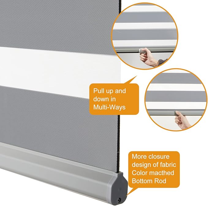 Persilux Custom Size Cordless Zebra Blinds for Windows Free-Stop Roller Windows Shades Dual Layer Light Control for Day and Night, Light Filtering Sheer Shades for Home and Bedroom Grey