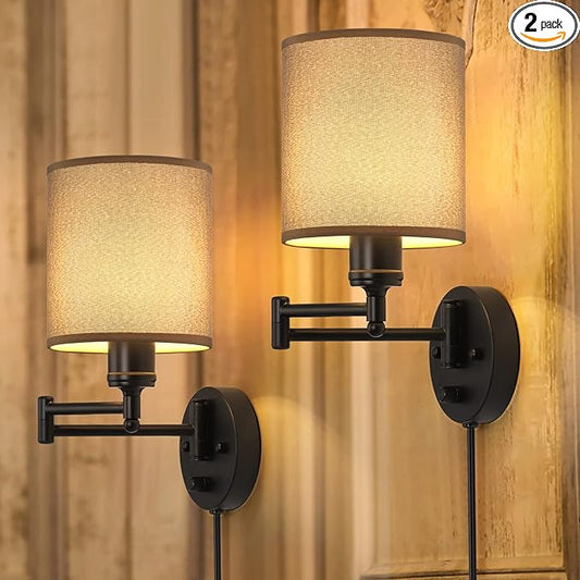 CADUKE Wall Lamps Plug in, Swing Arm Wall Sconce Set of 2 with Light Brown Lampshade, Modern Bedroom Wall Lights Fixtures, Bedside Wall Reading Lights