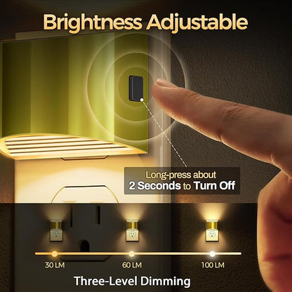 DORESshop LED Night Light[2 Pack], Night Lights Plug into Wall, 3 Level Brightness Adjustable Plug in Night Light, Dusk to Dawn Sensor, Nightlights for Adults, Bedroom, Bathroom, 3000K, Golden Cover