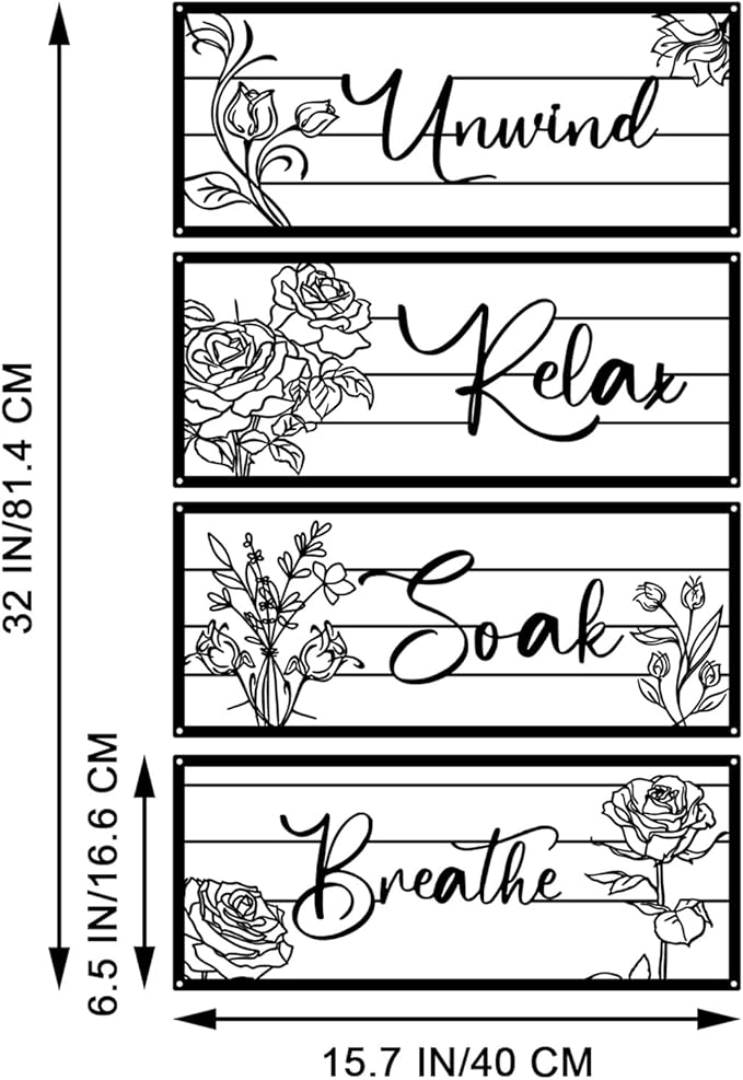 ShxTrade 4 Pieces Black Metal Bathroom Wall Decor - Unwind Relax Soak Breathe Wall Art with Floral Silhouette, Modern Minimalist Line Art Signs for Bathroom, Spa, Rustic Farmhouse Wall Decorations