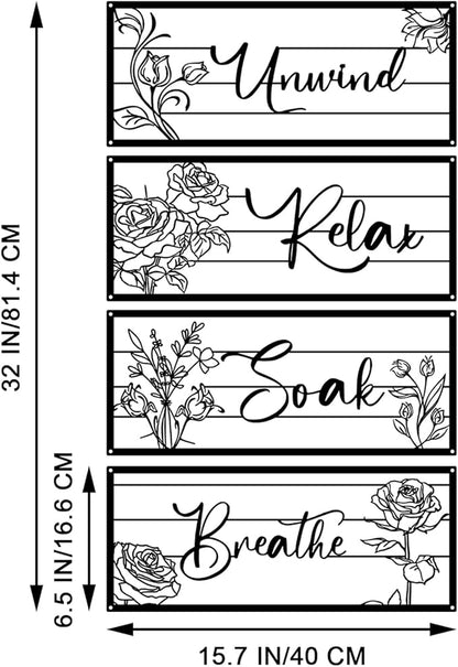 ShxTrade 4 Pieces Black Metal Bathroom Wall Decor - Unwind Relax Soak Breathe Wall Art with Floral Silhouette, Modern Minimalist Line Art Signs for Bathroom, Spa, Rustic Farmhouse Wall Decorations