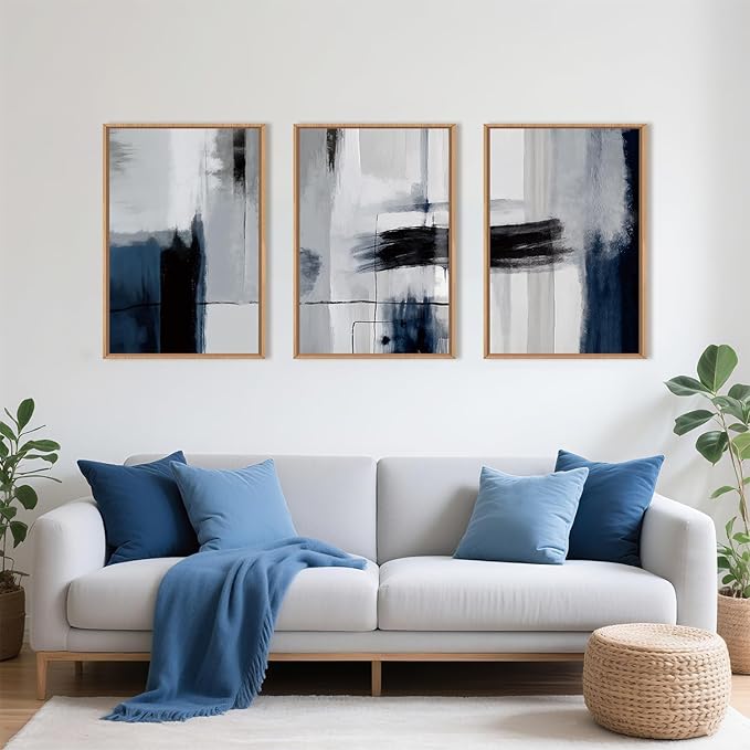 DRACIT Large Abstract Navy Blue Color Block Framed Canvas Print Wall Art Set,Gray White Modern Neutral Brush Strokes Wall Decor,Minimalist Blue Toned Geometric Line Artwork for Living Room,Bedroom-24"x36"x3