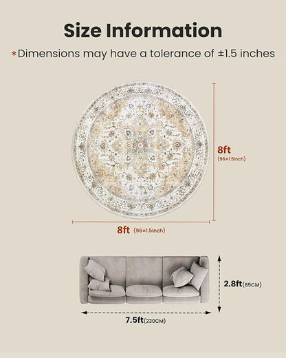 AMADA HOMEFURNISHING Round 8ft Area Rugs, Low-Profile Washable Rug with Non-Slip Backing & Durable Edge Binding, Vintage Rugs for Living Room, Bedroom, Dinning Room