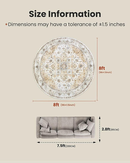 AMADA HOMEFURNISHING Round 8ft Area Rugs, Low-Profile Washable Rug with Non-Slip Backing & Durable Edge Binding, Vintage Rugs for Living Room, Bedroom, Dinning Room