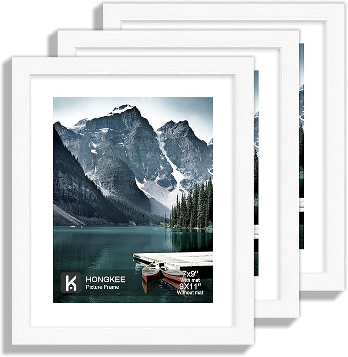 Hongkee 9x11 Picture Frame with Real Glass - Display Pictures 7x9 with Mat or 9x11 without Mat, Photo Frame for Wall or Table Top Display(White, 3 Pack)