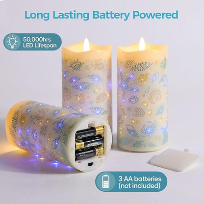 Eywamage Fiber Optic Flameless Pillar Candles with Remote Timer, Ocean Theme LED Battery Candles Home Decor Set of 3 Φ 3" H 6"