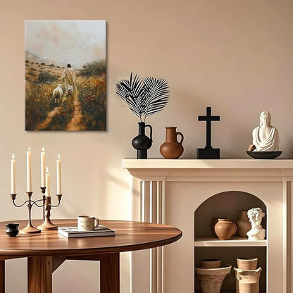 Jesus Leaves the 99 Sheep Canvas Wall Art Jesus and Lamb Painting Wall Decor Picture The Lost Sheep Posters Prints Christian Baptism gifts for Living Room Bedroom Prayer Home Decor 12x16 in canvas